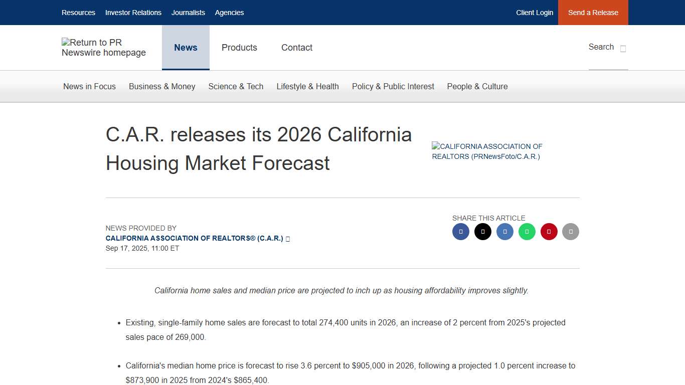 C.A.R. releases its 2026 California Housing Market Forecast